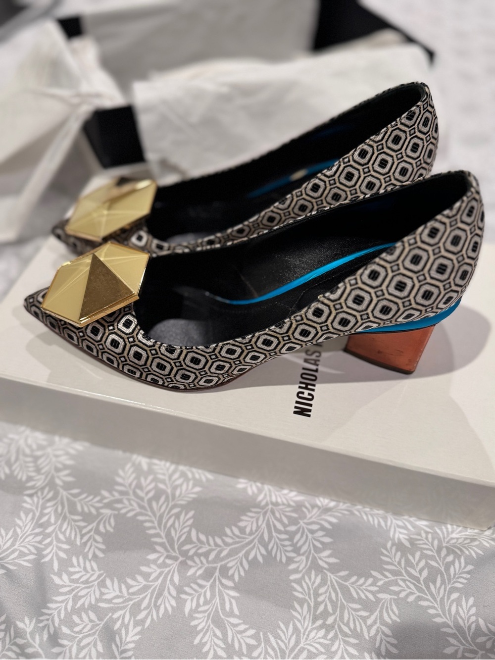 Nicholas Kirkwood Black & White Geometric Pointed Toe Pumps with Gold Ornament